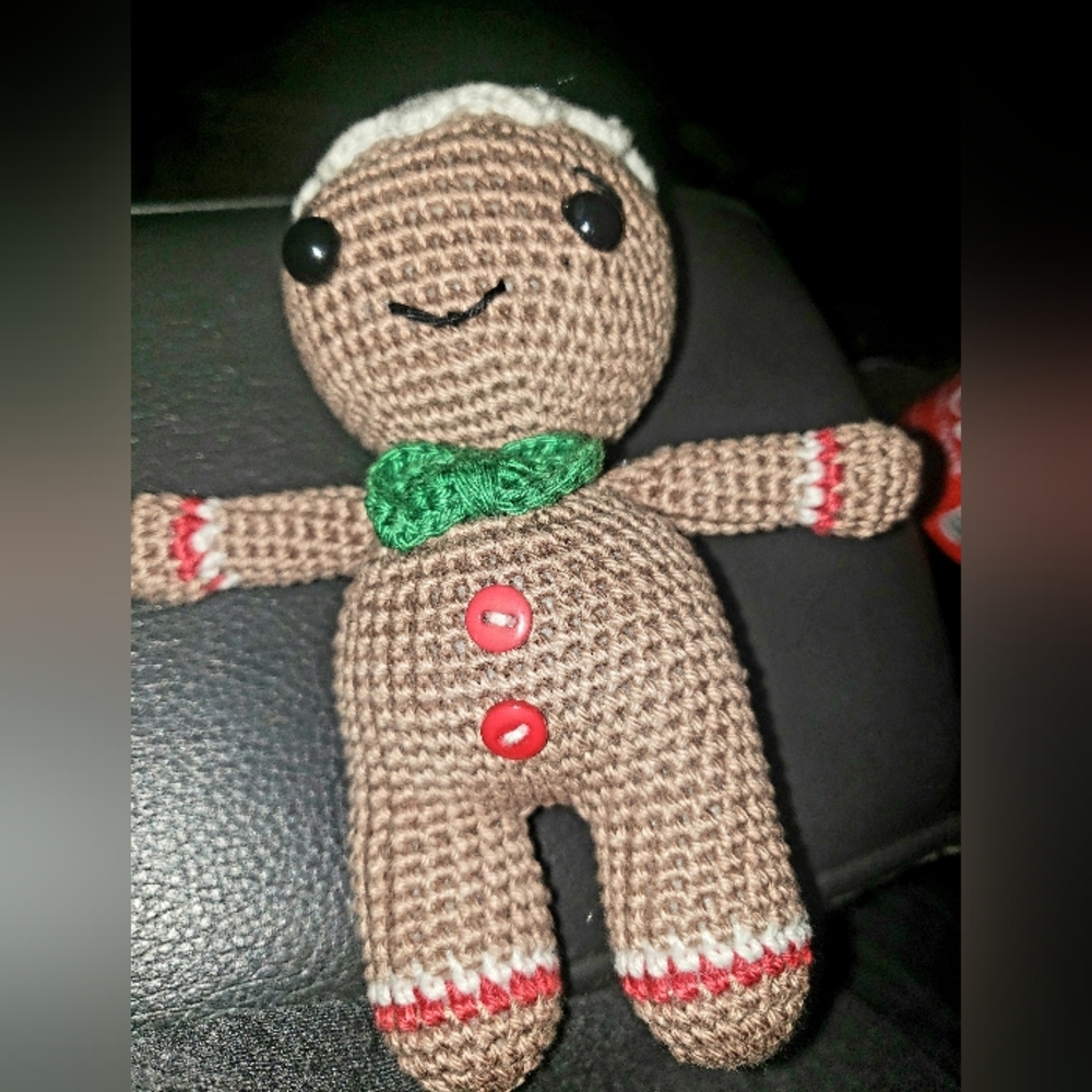 Handcrafted CROCHET Brown Gingerbread Doll with Red Accents